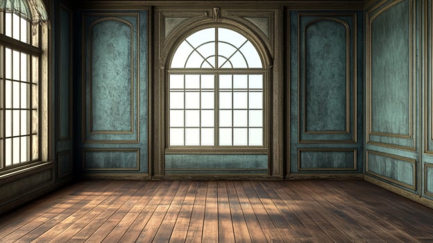 Elegant room featuring paneled walls and a large arched window. Natural light streams into the room, enhancing the wood floor. photo