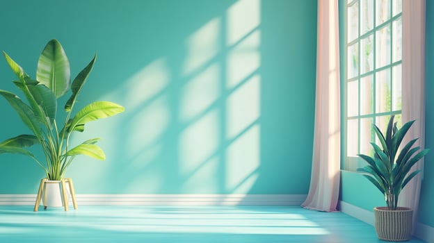 Minimalist interior featuring tropical plants, light blue walls and floors, and shadows of window frames, creating a serene ambiance. photo