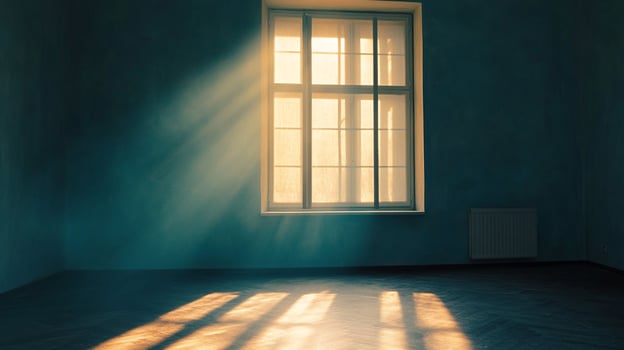 Sunlight streams into a stark room through a window, casting shadows. Minimalist aesthetic in a vintage style home shows light play. photo