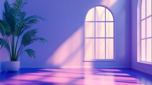 Sun-drenched room features modern architectural design with rounded window frames, violet and pink hues, and a plant bringing life to the space. photo
