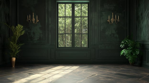 Elegant room with dark green walls and a window overlooking trees. Plants and sconces add to the sophisticated atmosphere. photo