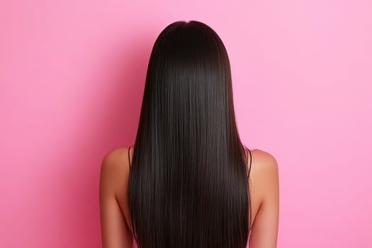 Woman with long straight hair against a pink background photo