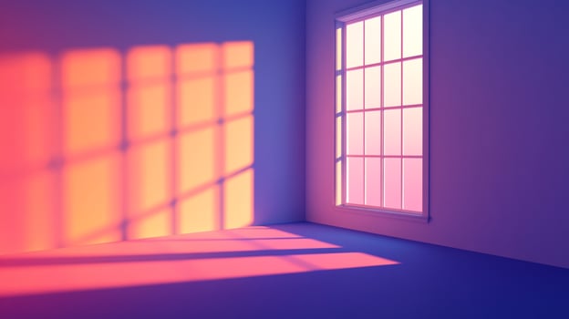 Illuminated interior featuring shadows cast by a window, bathed in shades of pink, orange, and purple. Serene ambiance fills the space. photo
