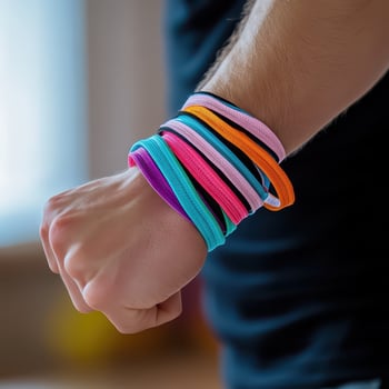 A man wearing a bracelet with many different colored bands photo