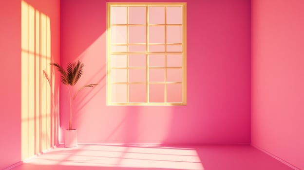 Minimalist pink room with window casting light, a potted plant adding a touch of nature. A peaceful, bright, and airy scene. photo