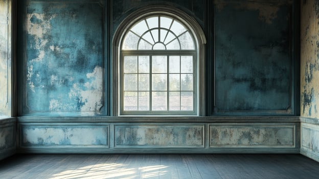 Vintage room with distressed blue walls and a large arched window flooding the space with light. Architectural detail with muted tones. photo