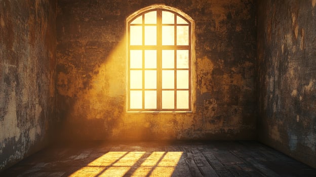 Sunlight streams through an old window, illuminating the room with warmth and shadows on the textured walls and wood floor. photo