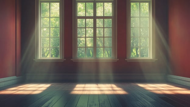 Sunlight streams into an empty room, creating patterns of light and shadow on the wooden floor. Windows offer a glimpse of greenery. photo