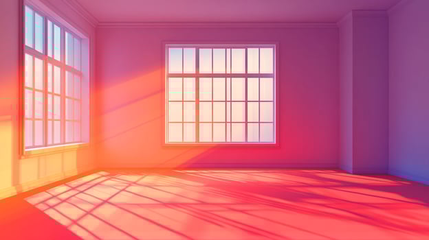 Sunlit room with large windows, casting shadows. Bright orange light fills space, creating a vibrant and colorful ambiance. Warmth radiates. photo