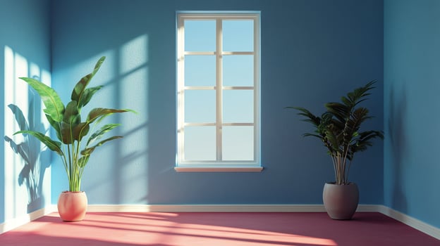 Bright room with sunlight streaming through a window, illuminating plants against a blue wall with a red floor. photo