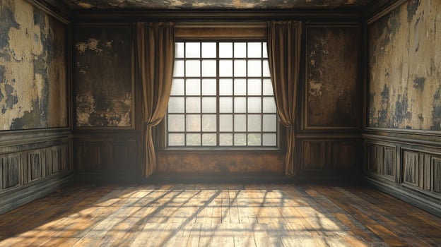 A vintage room with distressed walls and natural light streaming through a large window with elegant curtains, illuminating the wooden floor. photo