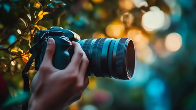 An image of a hand holding a professional camera among lush foliage, symbolizing the art of photography and the joy of capturing beautiful moments in nature. photo