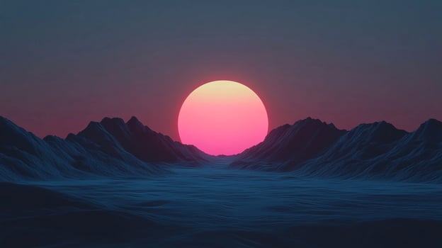 A captivating surreal depiction of a mountain landscape with a futuristic sunset, blending rich colors and textures to evoke wonder and imaginative explorations of nature. photo