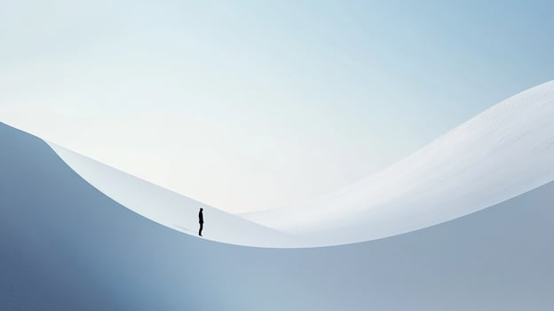 A contemplative figure standing amidst smooth white curves against a soft blue sky, representing exploration, minimalism, and the beauty of solitude in abstract landscapes. photo