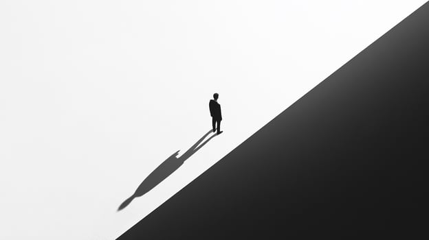 A lone figure stands atop a stark division of light and dark, symbolizing choices, balance, and the dichotomy faced by individuals in their life journeys. photo