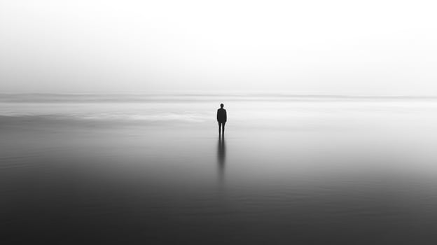 A mysterious figure stands alone in a foggy seascape, representing isolation and the unknown, enveloped by a serene yet eerie atmosphere of nature's beauty and uncertainty. photo
