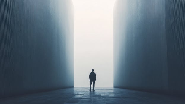 A figure stands amidst towering walls in a foggy setting, creating a powerful visual metaphor for human presence against the overwhelming nature of architectural spaces. photo