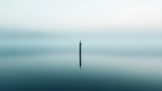 In a tranquil sea shrouded by fog, a solitary pole emerges with a bird perched atop, illustrating themes of isolation and the beauty of natural simplicity. photo