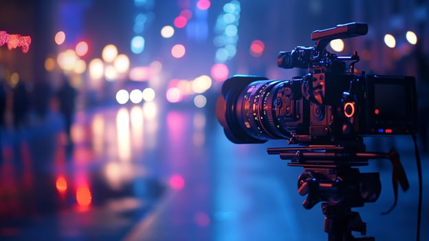 A striking image of a camera set against a blurred, vibrant city at night, exemplifying the art of photography and the allure of urban luminosity. photo