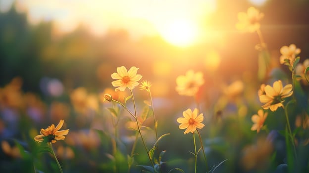 A field of cheerful wildflowers illuminates in the warm sunlight, capturing the essence of nature's beauty and the joy it brings to our hearts and spirits. photo