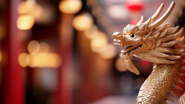 A golden dragon sculpture set against a blurred background. photo