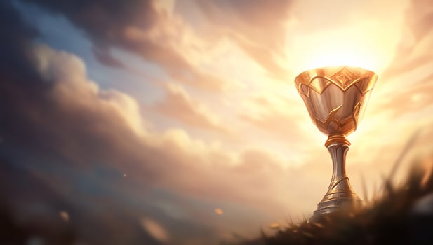 A gleaming trophy against a dramatic sky, symbolizing achievement. photo