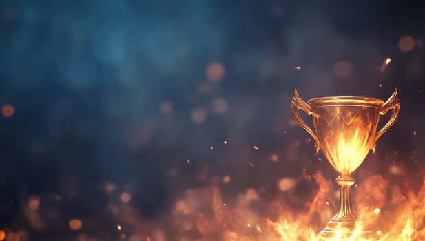 A glowing trophy amidst flames, symbolizing achievement and victory. photo