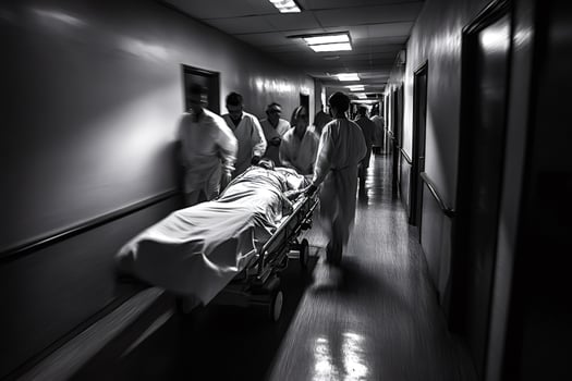 Medical team quickly transporting patient on gurney through hospital corridor photo