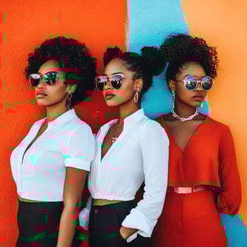 Three women wearing sunglasses and standing against a colorful wall photo