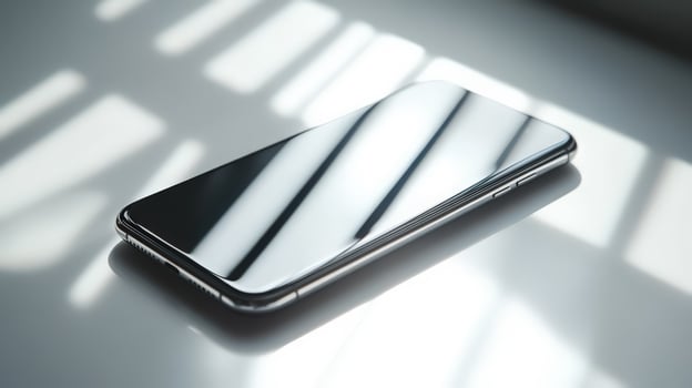A silver iphone sitting on a table with sunlight shining on it photo