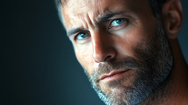 Intense gaze of a mature man with striking blue eyes framed by a dark background conveying depth and contemplation photo