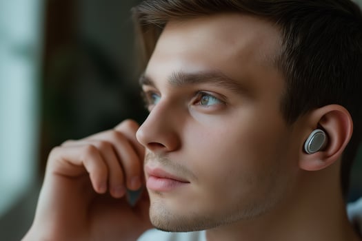 A man wearing a bluetooth headset photo
