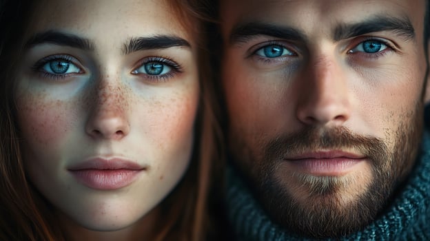 Portraits of a woman and a man with striking blue eyes and contrasting skin tones conveying a sense of connection photo