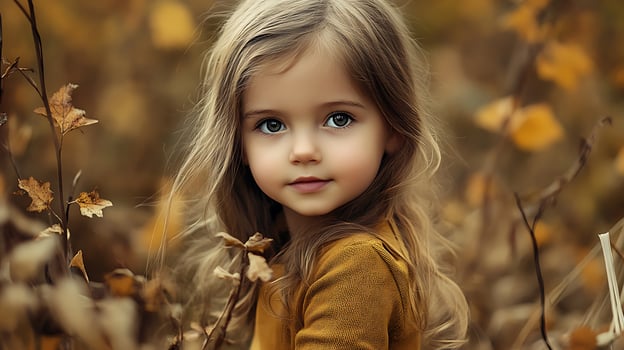 Adorable little girl surrounded by fallen leaves She looks like she is enjoying the crisp autumn air and cool weather photo
