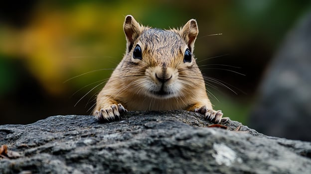 A curious chipmunk peers over a grey rock with striking eyes capturing its adorable expression in the forest photo