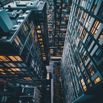 An aerial view of tall buildings at night photo