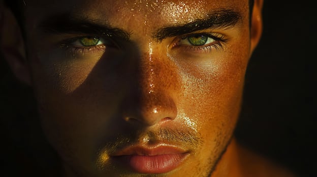 Intense portrait highlighting a man's striking green eyes and his tanned glistening and sweat-covered face photo
