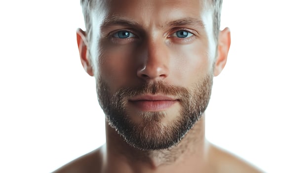 Striking close-up portrait of a man with piercing blue eyes a well-groomed beard and a confident and direct gaze photo