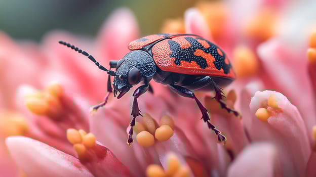 A vibrant macro shot of an insect with intricate orange and black markings resting on a pink and orange flower blossom photo