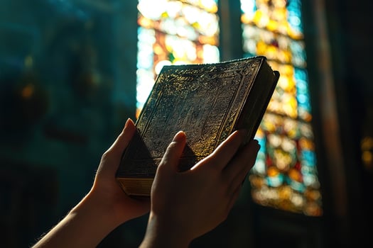 close-up of hands holding old traditional religious book, with a blurred backdrop of a stained-glass window photo