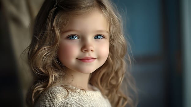 Close-up portrait of a blonde little girl with striking blue eyes soft smile and wearing a cream-colored knitted sweater photo