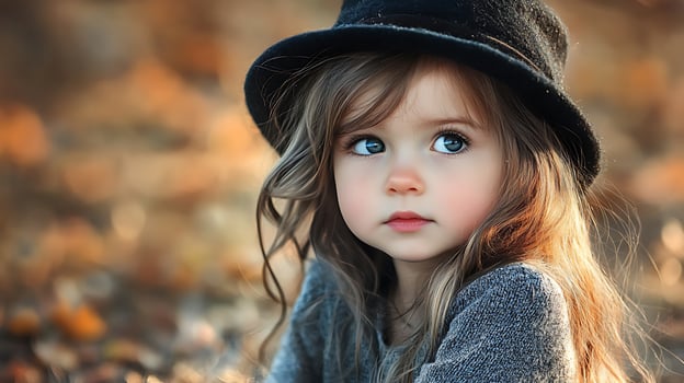 Portrait of a sweet little girl wearing a black hat in the autumn A stunning representation of childhood joy photo