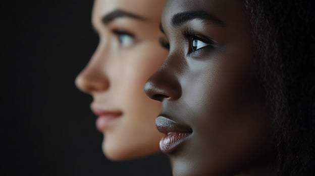 Contrasting beauty A light-skinned woman and a dark-skinned woman pose in profile showcasing skin tone diversity photo