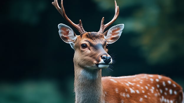 Spotted deer portrait with short antlers Captivating animal Deer's beautiful face attentive eyes and graceful demeanor photo