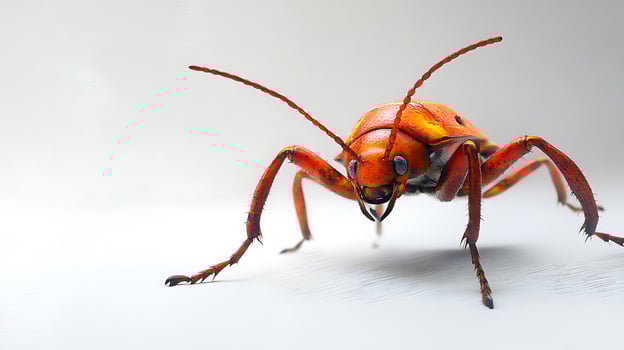 A close-up view of an orange beetle with long antennae and small eyes on a light surface Detailed textures photo