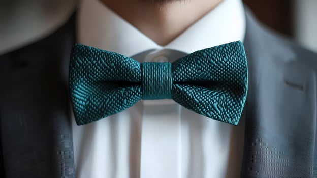 Elegant groom wearing teal bow tie and suit getting ready for wedding photo