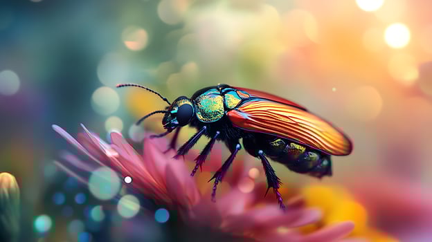 Vibrant insect perched atop a pink flower its iridescent shell reflecting light creating a magical scene photo