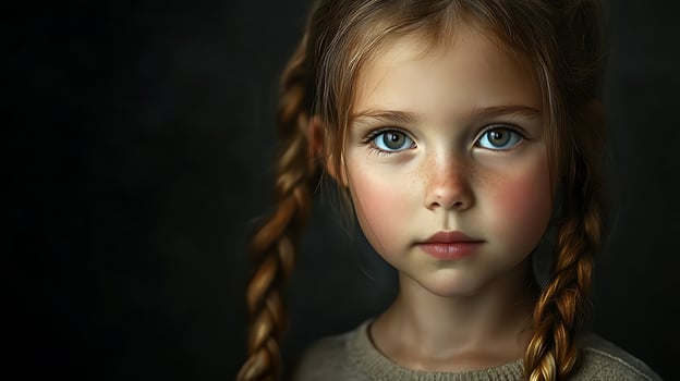 Portrait of a fair-skinned young girl with braided hair and bright eyes looking directly at the camera lens photo