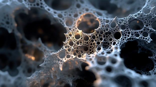 Abstract cellular structure with intricate interconnected holes and contrasting dark voids illuminated by soft light photo