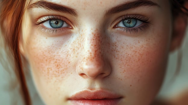 Close-up portrait highlighting a woman's natural beauty emphasizing her vibrant blue eyes and unique freckled skin photo